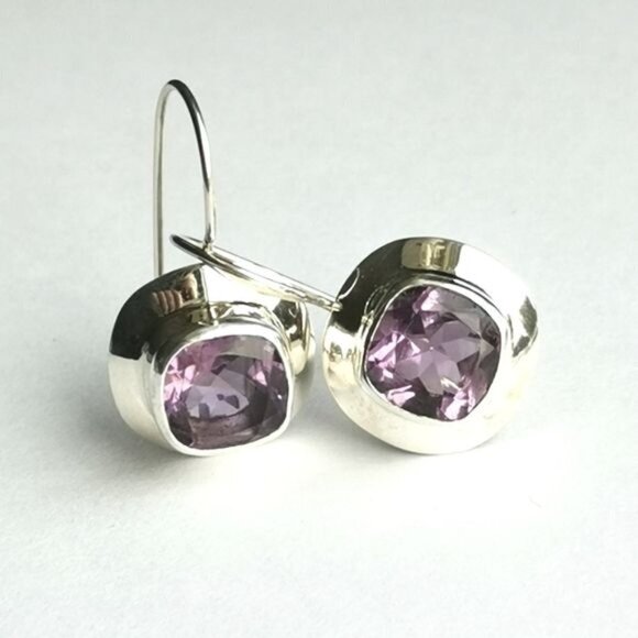 Modernist square cut Amethyst sterling silver drop earrings NEW - Picture 1 of 6